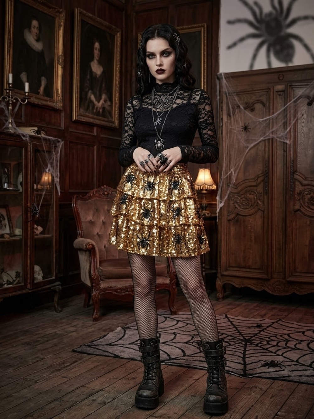 Peach Love California tiered skirt Women's M Gold Sequin Spiders Spooky Skirt